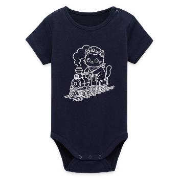 Train Lover Kawaii Cat - Organic Short Sleeve Baby Bodysuit by Stanley/Stella - navy - Front
