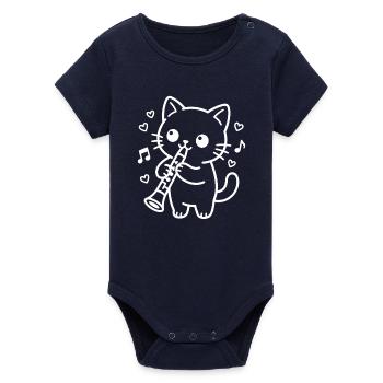 Kawaii Cat Clarinet - Organic Short Sleeve Baby Bodysuit by Stanley/Stella - navy - Front