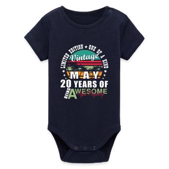 Vintage May 20 Year Old Wow - Organic Short Sleeve Baby Bodysuit by Stanley/Stella - navy - Front