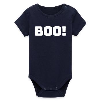 Boo! White - Organic Short Sleeve Baby Bodysuit by Stanley/Stella - navy - Front