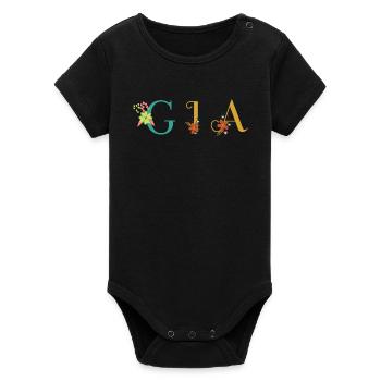 GIA Namenskunst mit gestickten Blumen - Organic Kurzarm-Babybody von Stanley/Stella - Schwarz - Vorne