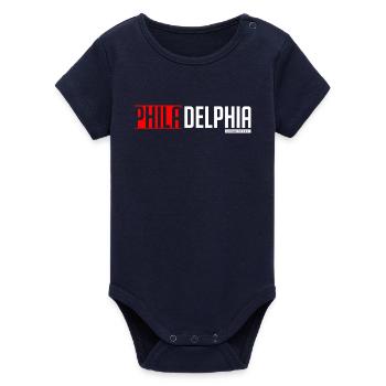 Farbenfrohes textbasiertes Design von Philly und Delta - Organic Kurzarm-Babybody von Stanley/Stella - Navy - Vorne