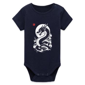 Japanese dragon, red white Japanese print style - Organic Short Sleeve Baby Bodysuit by Stanley/Stella - navy - Front