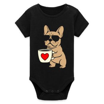 Frenchie Coffee Flat Design - Organic Short Sleeve Baby Bodysuit by Stanley/Stella - black - Front