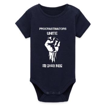 Procrastinators Unite - Organic Short Sleeve Baby Bodysuit by Stanley/Stella - navy - Front