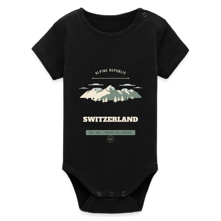 Switzerland badge on a organic short sleeve baby bodysuit by stanley/stella, black
