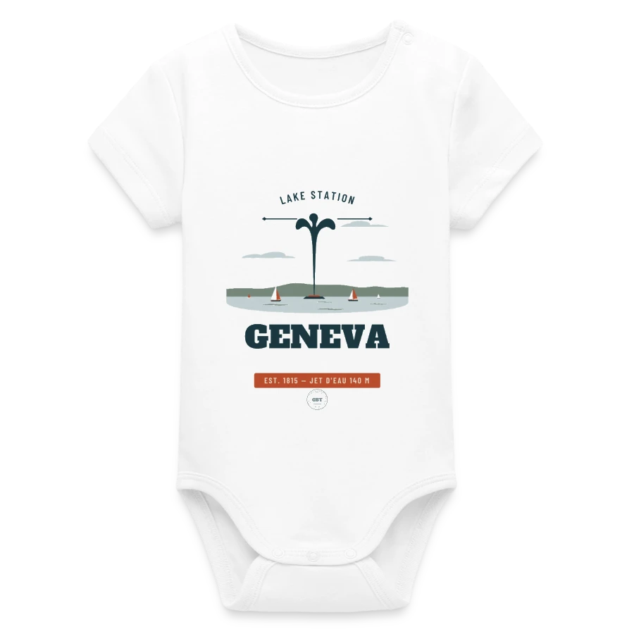 Geneva badge on a organic short sleeve baby bodysuit by stanley/stella, white
