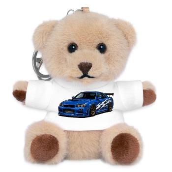Voiture de sport bleue avec des bandes - Porte-clés ourson - blanc - Devant