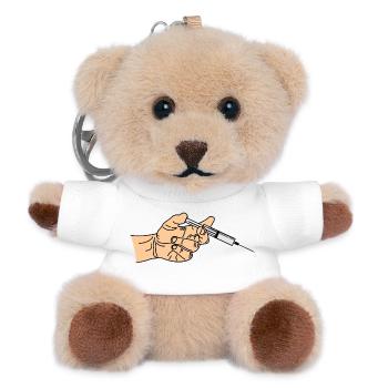 Spritze mit herauskommendem Tropf in der Hand - Teddy Schlüsselanhänger - Weiß - Vorne