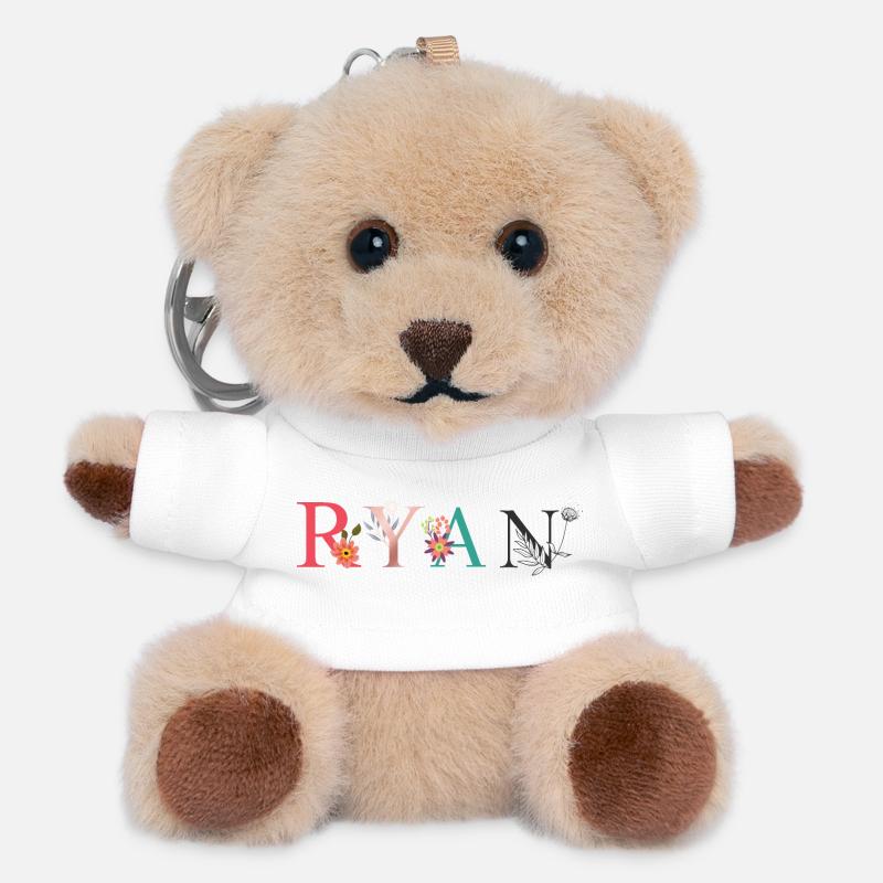 RYAN Name Art With Flowers Embroidered - Teddy Keyring - white