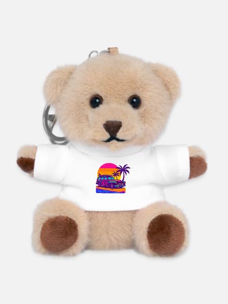 Retro Neon Beach Getaway with Surfboard Surf Woody - Teddy Keyring - white