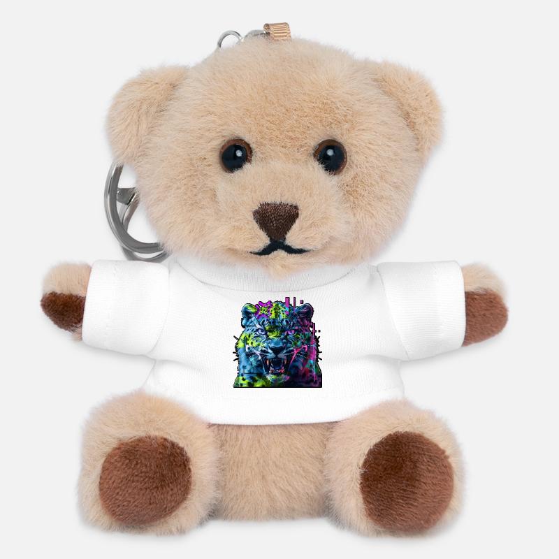 Techno Neon Leopard – Glitchcore Art - Teddy Schlüsselanhänger - Weiß