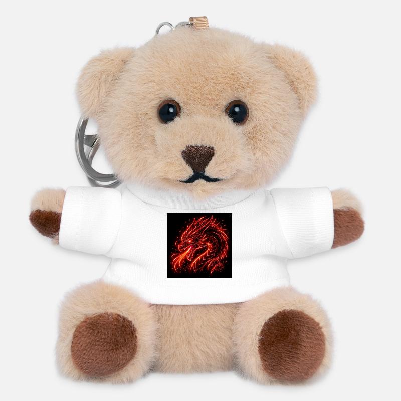 Neon dragon in red fire - Teddy Keyring - white