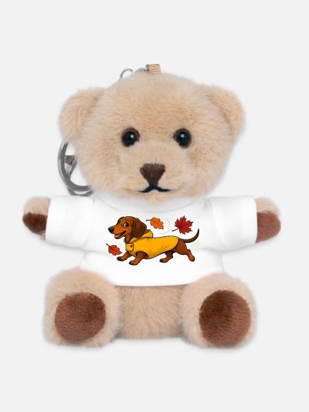 Herbst Dackel in Gelber Regenjacke - Teddy Schlüsselanhänger - Weiß