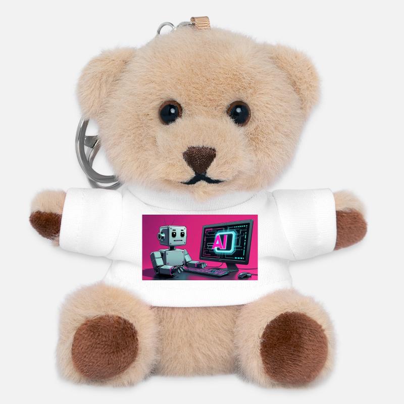 Futuristic AI Robot and Tech Screen - Teddy Keyring - white