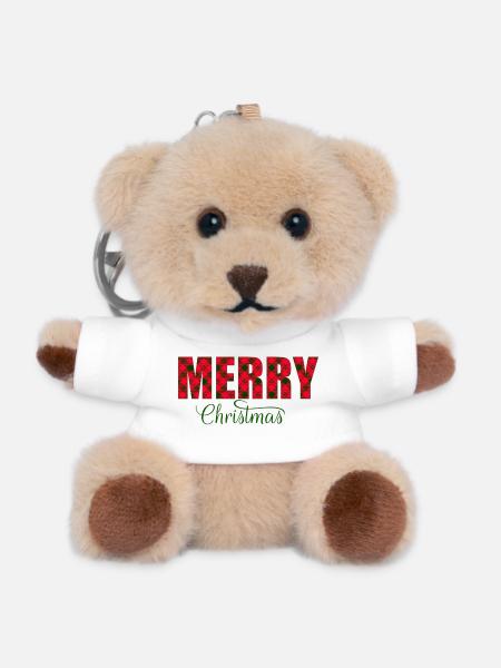 Merry Christmas Plaid Script - Teddy Keyring - white
