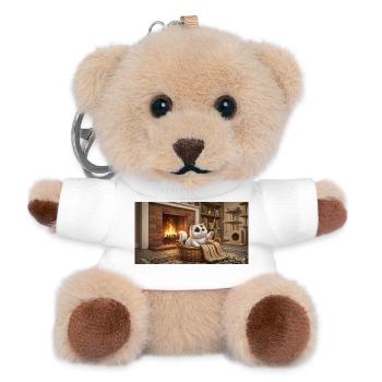 Cozy cat in basket by fireplace - Teddy Keyring - white - Front
