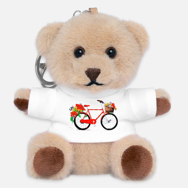 Vélo rouge avec panier de fleurs - Porte-clés ourson - blanc