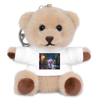 Pink fluff creature on rainy night - Teddy Keyring - white - Front