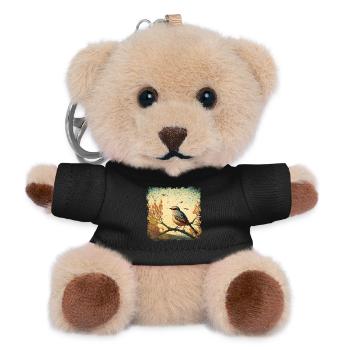Vogel sitzt auf Ast, mediterraner Hintergrund - Teddy Schlüsselanhänger - Schwarz - Vorne
