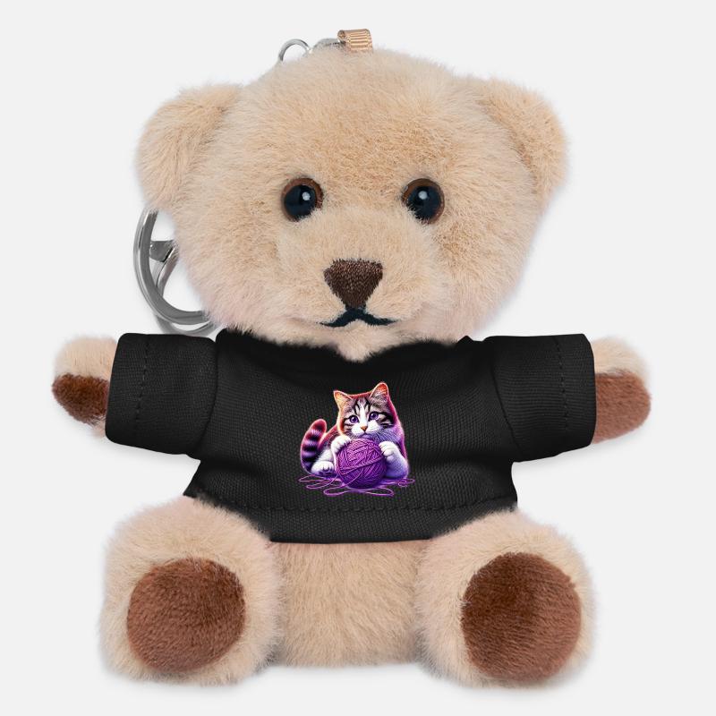 Katze spielt mit einem Wollknäuel - Teddy Schlüsselanhänger - Schwarz