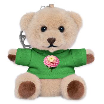 Fleur de chrysanthème rose - Porte-clés ourson - vert - Devant
