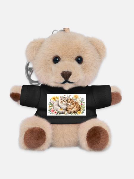Pastel cats in spring bloom - Teddy Keyring - black