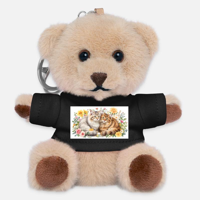 Pastel cats in spring bloom - Teddy Keyring - black