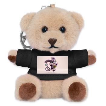Cute fluffy purple 3D character holding a green gi - Teddy Keyring - black - Front