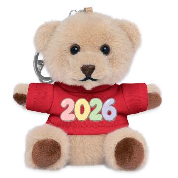 Pastell farbige Jahreszahl 2026 - Teddy Schlüsselanhänger - Rot - Vorne