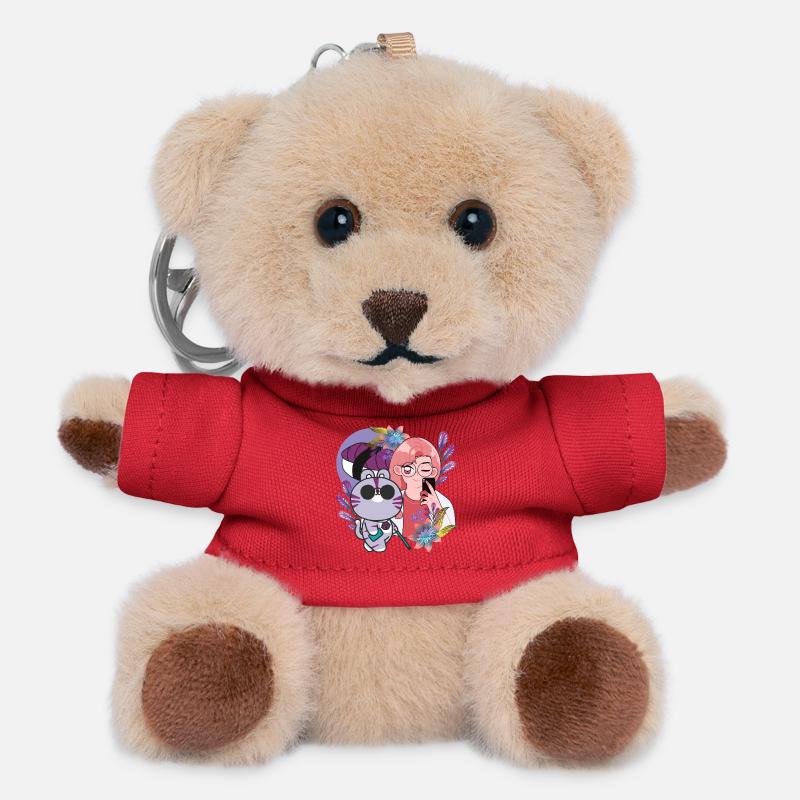 Kawaii Selfie & Visually Impaired Cat - Teddy Keyring - red