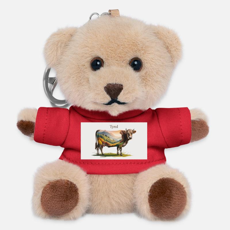 Tyrol cow with mountain panorama - Teddy Keyring - red