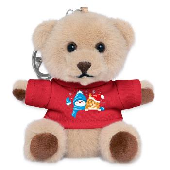 Peeking waving snowman and cute ginger cat - Teddy Keyring - red - Front