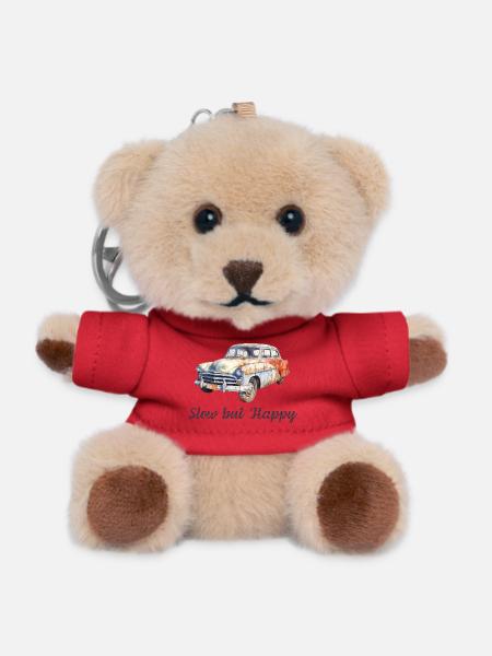 Slow but Happy Vintage Retro Watercolor Car - Teddy Keyring - red