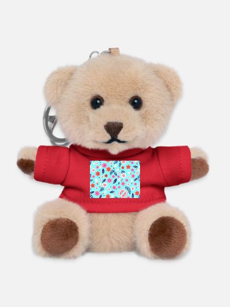 Blumenmuster mit Surfbrettern auf Himmelblau - Teddy Schlüsselanhänger - Rot