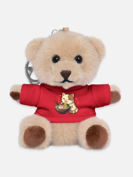 Cat with noodles ramen kawaii cat - Teddy Keyring - red