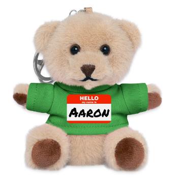 Hello My Name Is Aaron Label Name Tag - Teddy Keyring - green - Front