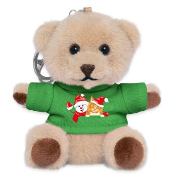 Waving happy snowman and ginger cat - Teddy Keyring - green - Front