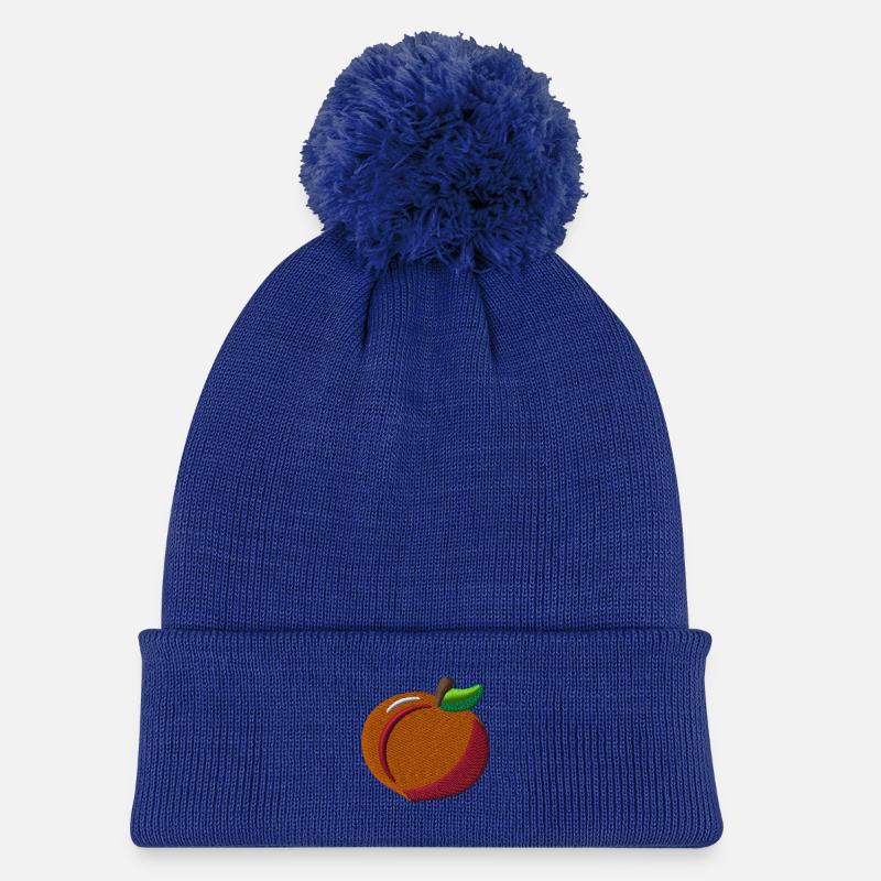 Pfirsich bestickt - Kinder Strickmütze mit Bommel - Königsblau