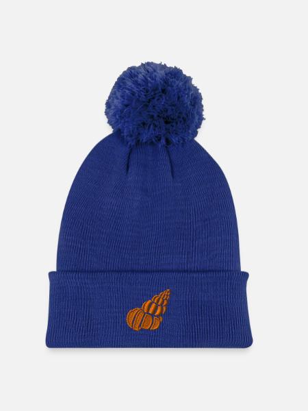Muschel bestickt - Kinder Strickmütze mit Bommel - Königsblau