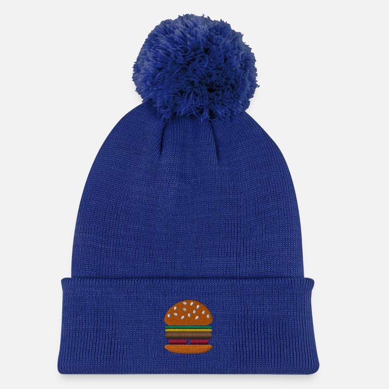Burger bestickt - Kinder Strickmütze mit Bommel - Königsblau