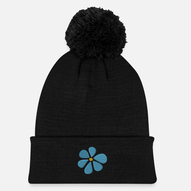 Embroidered daisy - Kids' Knitted hat with pompom - black