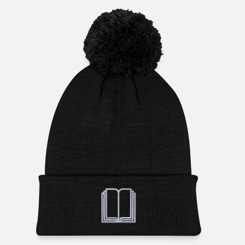 Book embroidered - Kids' Knitted hat with pompom - black