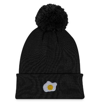 Spiegelei bestickt - Kinder Strickmütze mit Bommel - Schwarz - Vorne