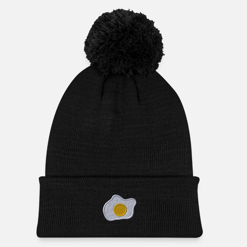 Fried egg embroidered - Kids' Knitted hat with pompom - black