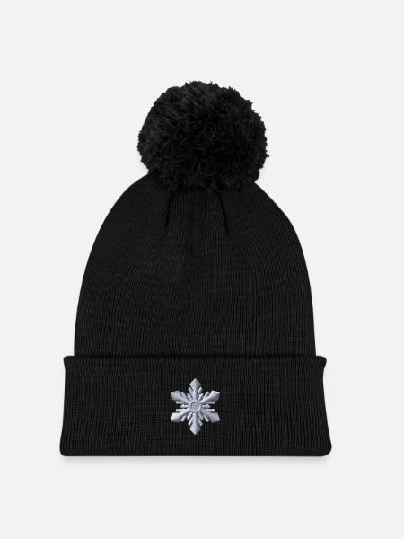 Weiße Schneeflocke bestickt - Kinder Strickmütze mit Bommel - Schwarz