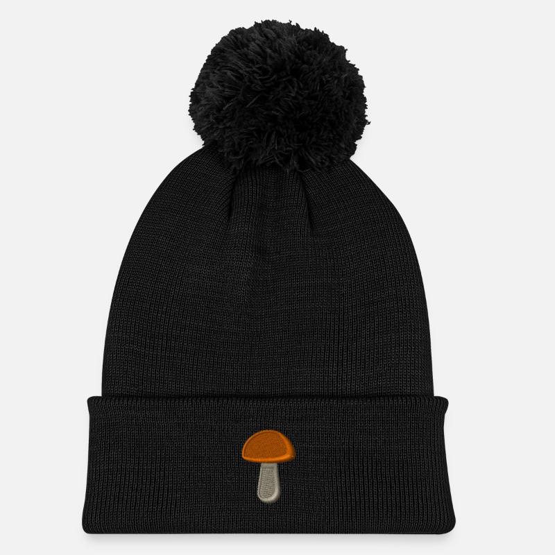 Champignon brodé - Bonnet tricoté à pompon Enfant - noir