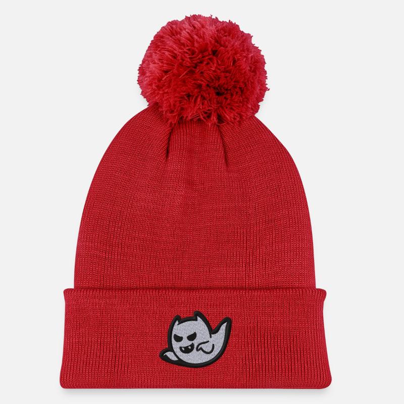 Geist bestickt - Kinder Strickmütze mit Bommel - Rot