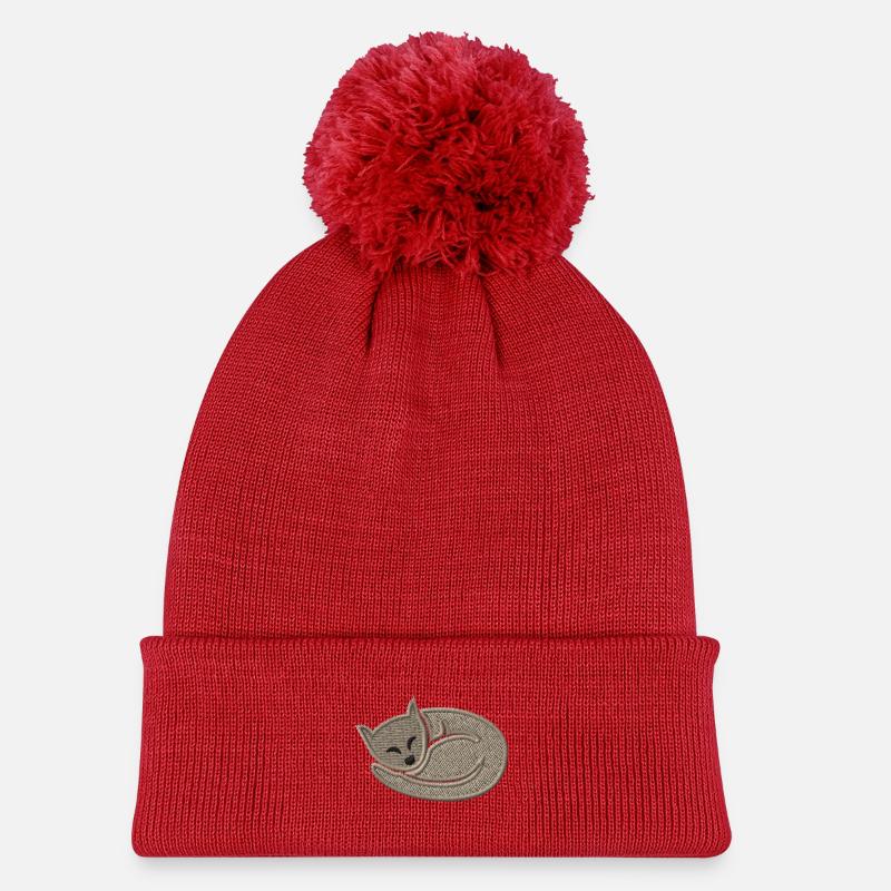 Chat endormi brodé - Bonnet tricoté à pompon Enfant - rouge