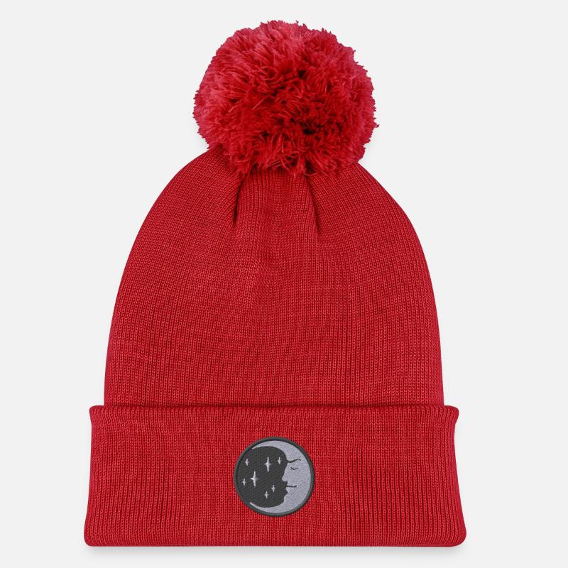 Lune brodée - Bonnet tricoté à pompon Enfant - rouge